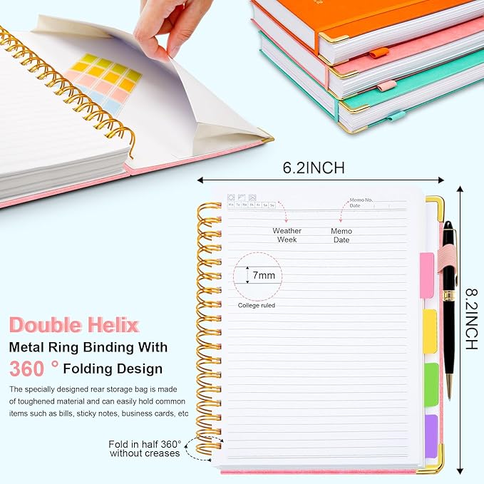 Hardcover Spiral Notebook 6.2"x 8.2" Journal Notebook with Tabs and Removable Dividers 300 Pages 5 Subject Notebook College Ruled, Faux Leather Spiral Bound Notebook for Women School Work (Pink)