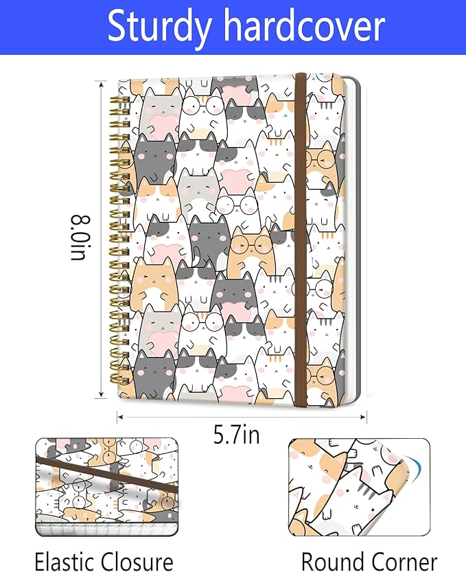 DHGPTS Spiral Journal Notebook, A5 Cute Notebooks for Women Men, College Ruled Hardcover Notebook for Work & Note Taking, 60 Pages Double-Wire Journals for Writing, Cute Gentle Cats