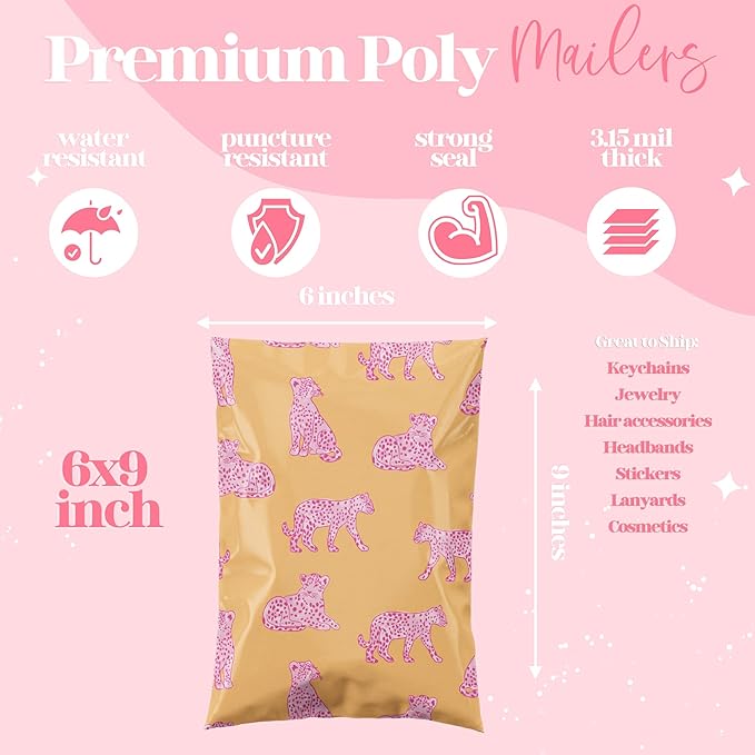 Pretty Package Store 6x9 Designer Poly Mailer 100 Pack Heavy Duty Waterproof Self Seal Shipping Bags for Small Business Large Mailing Envelopes Bulk Tear Resistant Packaging Pink Orange Leopard