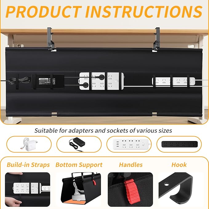 SUREUP9 No Drill Under Desk Cable Management Tray, 48" Cord Organizer with Clamp, Fabric Cable Management for Standing Desks, Ideal for Home & Office - Black