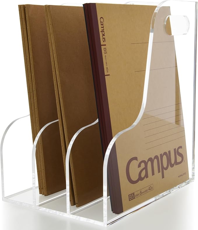 AIMOLLY 3 Vertical Compartments File Holder, Clear Acrylic Desk Organizer and Storage Bins Holding for Magazines, Binders, Notebooks, Envelopes, Multi-purpose Document Organizer for Home Office