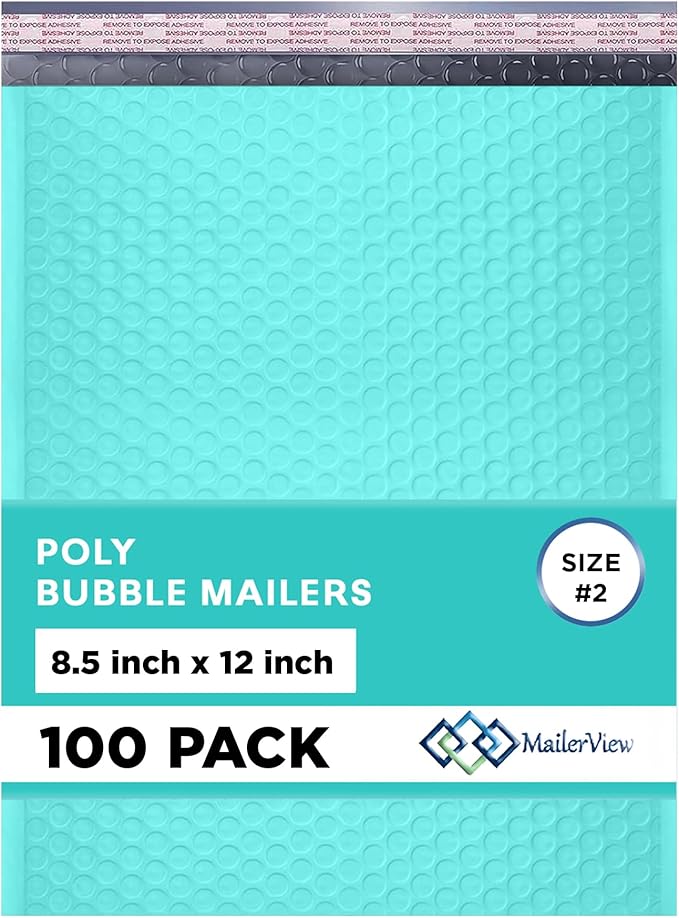 Teal Poly Bubble Mailers 8.5x12 inch #2 | Self Seal Padded Envelopes | Cushioned Bubble Mailer | Usable Size 8.5x11 | Water Proof | Lightweight mailing Shipping Bags | 100 Pack Bulk