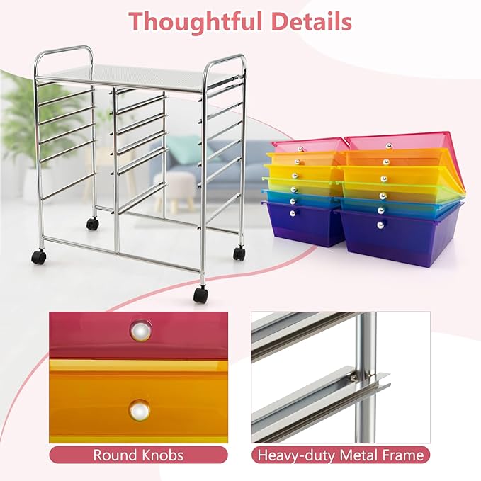 Happygrill 12-Drawer Rolling Storage Cart, Multipurpose Organizer Cart for Home Office School, Utility Cart with Wheels, (Colorful Clear)