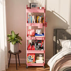 Sorgion 5 Tier Rolling Cart Organizer,Bathroom Cart Organizers with Wheels Laundry Room Organization Mobile Shelving Unit Utility Cart Storage Shelves Multi-Functional for Office, Home(Pink)