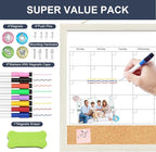 Calendar Whiteboard for Wall, 18x24 Inches Whiteboard Calendar Cork Board Combo, Magnetic Monthly White Board with Wood Framed, Hanging Dry Erase Board for Kitchen Home Office School Planner