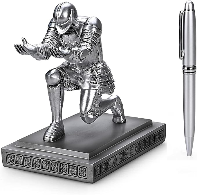 HDMbigmi Knight Pen Holder Pen Stand Desk Organizers and Accessories Resin Pencil Holder as Gift with a Fancy Pen for Office and Home Desk Organizer (Silver)