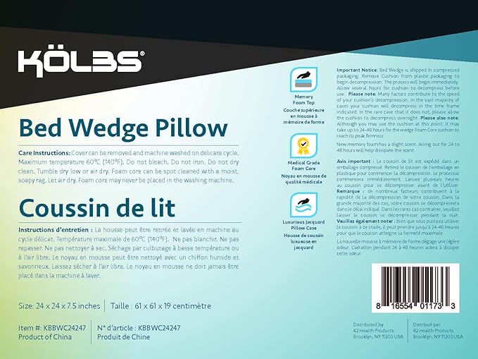 Kolbs Bed Wedge Pillow for Sleep Apnea, FSA Eligible Acid Reflux, and Back Pain Relief, with Chic Jacquard Cover - Headboard Wedges for Sleeping (Standard Width 7.5" Height)