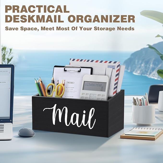 Mail Holder Countertop with 3-Slot, Mail Organizer for Desk with Removable Divider, Desktop Mail Basket Sorter Organizer, File Paper Letter Envelope Bill Holder for Office Home Entryway (Black)