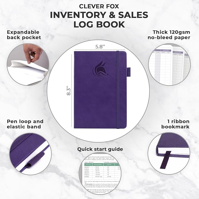 Clever Fox Inventory & Sales Log Book for Small Business – Inventory Ledger Book, Inventory Notebook, Order Tracker Book for Purchases, Sales & Reorders – Undated, Hardcover, A5, Purple