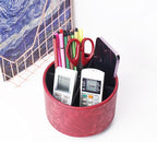 Hennaja Round Leather Art Supply Organizer,Remote Control Holder,360 Degree Spinning,Multi-Functional Pencil Holder,4 Compartments Desktop Stationary Organizer(1-Carved Red)