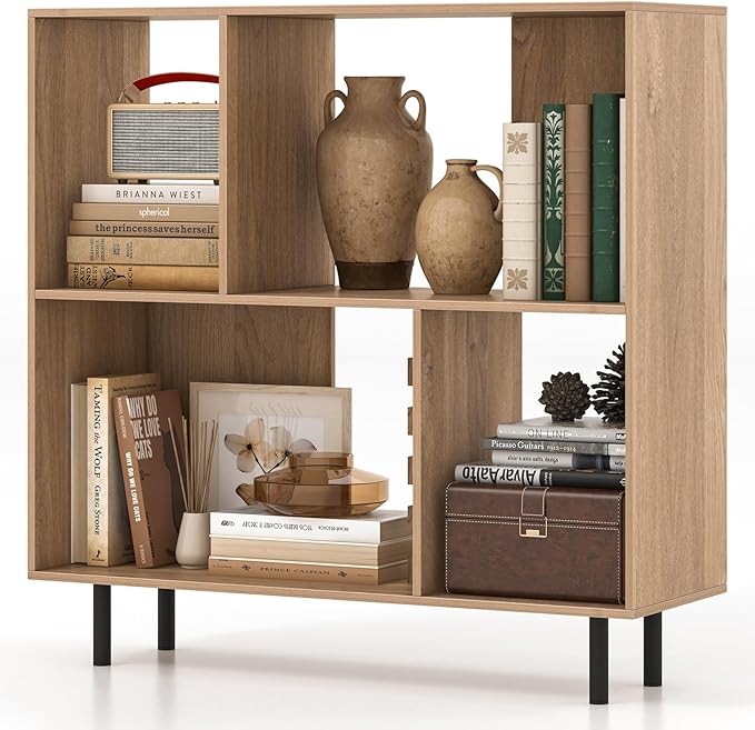 Tangkula 4 Cubby Open Bookcase, 3-Tier Freestanding Bookshelf with Detachable Metal Legs, Anti-toppling Device, Anti-Falling Baffles, Modern Cubicle Display Shelf (1,Natural)