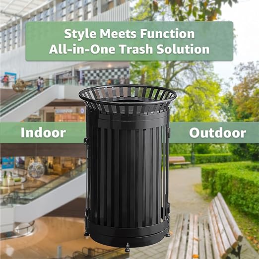 Zedfire 45 Gallon Black Waste Bin with Flat Lid & Door, Outdoor Heavy-Duty Commercial Trash Can Steel Slatted, Round Recycle Container, Durable Garbage Can for Parks, Municipalities, Parking, Schools