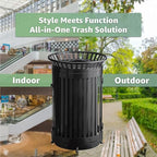Zedfire 45 Gallon Black Waste Bin with Flat Lid & Door, Outdoor Heavy-Duty Commercial Trash Can Steel Slatted, Round Recycle Container, Durable Garbage Can for Parks, Municipalities, Parking, Schools