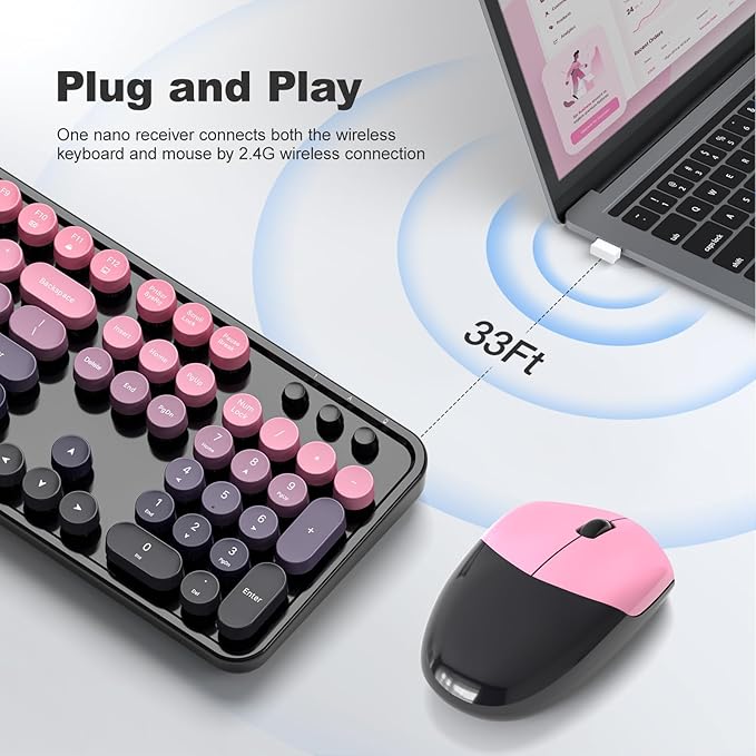 MOFII Wireless Keyboard and Mouse Combo, Full Size 2.4G Plug and Play Typewriter Retro Round Computer Keyboard and Mouse Set for Windows, Computer, Desktop, PC, Notebook - (Plum Pink Gradient)