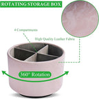 Hennaja Round Leather Art Supply Organizer,Remote Control Holder,360 Degree Spinning,Multi-Functional Pencil Holder,4 Compartments Desktop Stationary Organizer(1-Hill Pink)