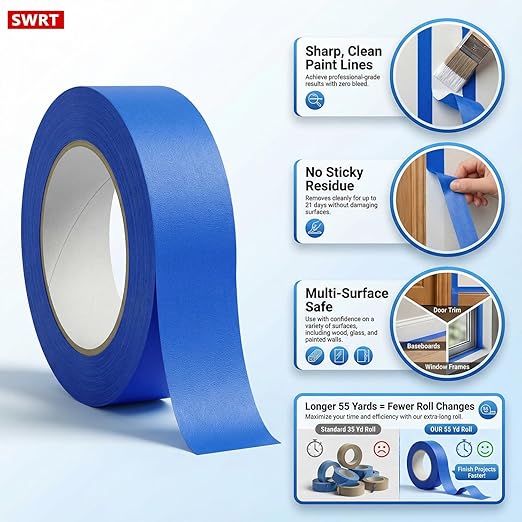 SWRT Blue Painter's Tape 1 Inch x 55 Yards x 24 Rolls (1320 Yards Total) – Upgraded Adhesive Masking Tape, Multi-Surface, Clean Removal, No Residue, for Walls, Trim, DIY, Crafts & Painting Projects