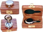 Bazross Brass Nautical Compass with Wooden Case - Antique Brass & Copper Sun Clock for Camping, Hiking, Touring - Engraved Gift for Him - Nautical Clock - Compass Gift