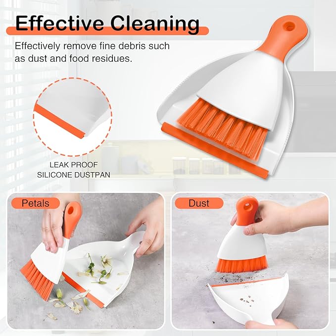 NACENA Mini Dustpan and Brush Set 2 Pack, Small Broom and Dustpan Set Dust Pan and Mini Hand Broom Dustpan and Broom Combo Compact for Home Table Keyboards Sofa Kitchen, Orange