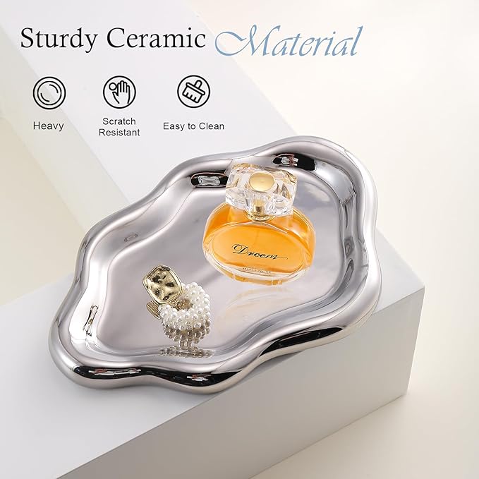CCINPPY Ceramic Jewelry Tray Trinket Dish, Decorative Cloud Vanity Key Tray for Women, Ring Holder Dish, Cute Jewelry Plate Bowl Room Decor Aesthetic, Silver, Medium