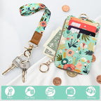 bolimoss Floral Lanyard Wallet, Cute Teacher Lanyards for ID Badges Keychain Wallet,Badge Holder with Zip Pocket, ID Holder Wallet with Neck Wrist Lanyard for Women Nurse Teacher Student (Green)