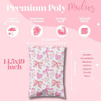 Pretty Package Store 14.5x19 Designer Poly Mailer 100 Pack Heavy Duty Waterproof Self Seal Shipping Bags for Small Business Large Mailing Envelopes Bulk Tear Resistant Packaging Coquette Bows Hearts