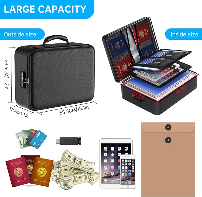 ENGPOW 5200°F Fireproof Document Bag with Lock, Upgraded Heat Insulated Fireproof Box 8 Layers File Organizer, Portable Home Travel Safe Storage for Important Documents,Passports,Laptop, Black(Soft)