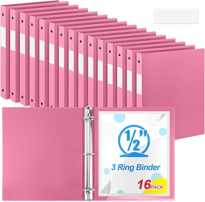 Henoyso 16 Pcs 3 Ring Binder 0.5 Inch Round Fits Letter Size 8.5'' x 11'' Paper Plastic Flexible Binder Bulk Holds 140 Sheets with 1 Pockets Versatile Organizer for Home Office School (Pink)