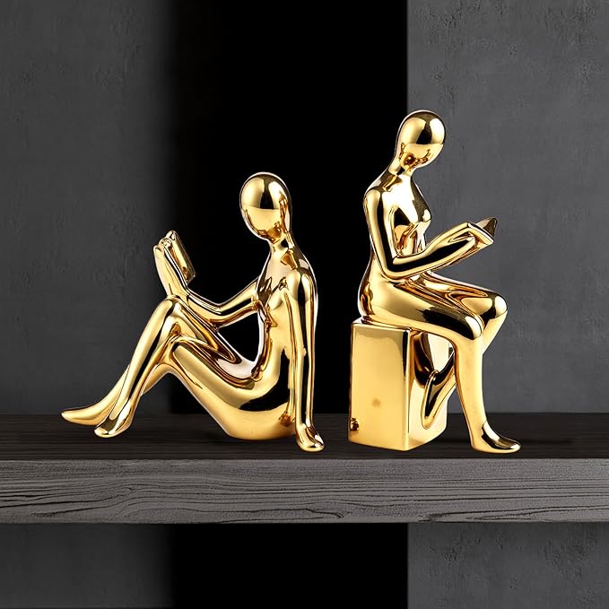 TYGKROF Decorative Bookends,Ceramic Statue Book Ends,Home Office Modern Bookends,Decor Aesthetic Reading Book Holders for Bookshelf,Bedroom Living Room Decoration Unique Bookends (Gold)