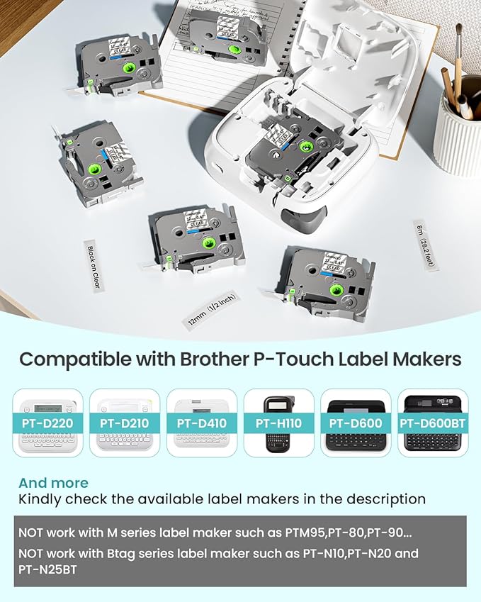 6-Pack Label Maker Tape 12mm 0.47" Clear TZe-131 Replacement for Brother P Touch Label Tape TZe131 TZ-131, Compatible with Brother Ptouch PT-D210 PT-H110 PT-D220 PT-D400, Black on Clear