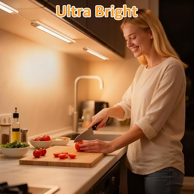 maylit Under Cabinet Lighting Plug in, 4Pcs 14 Inch Linkable Ultra Bright LED Light Bars, Renter Friendly Lamp, Wired 110V 120V Indoor Lights for Kitchen Cabinet, Counter, Workbench, Shelf, Warm White