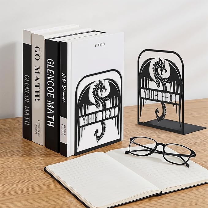 Personalized Name Bookends for Shelves, Unique Dragon Metal Book Ends Decorative, Non-Slip Book Stopper, Metal Fantasy Bookshelf Decor for Home Office Study Room, Customized Gifts Color05