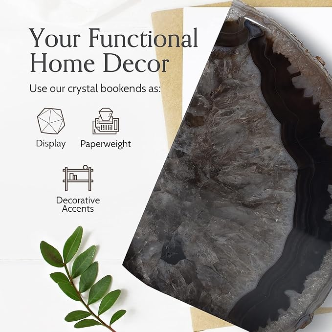 Nature's Decorations A Quality Black Agate Geode Bookends - Heavy Duty with Non-Skid Rubber Bumpers for Shelves, Office, Home Decor - Cool Crystal Stone (1 Pair 2-3 LB)