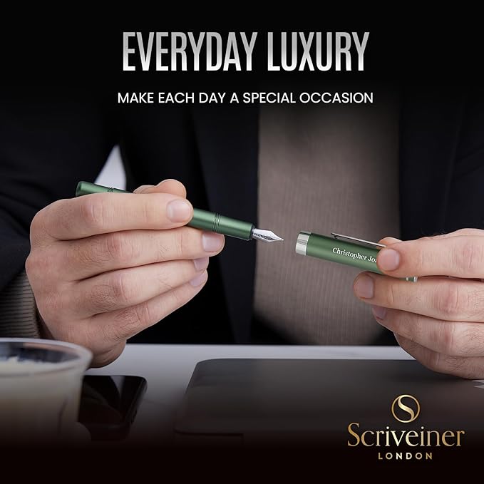 Scriveiner Personalized Luxury EDC Fountain Pen (Medium), Stunning Matt Green Pocket Pen, Chrome Finish, Schmidt German Nib, Best Engraved Fountain Pen Gift Set for Men & Women, Name Engraving