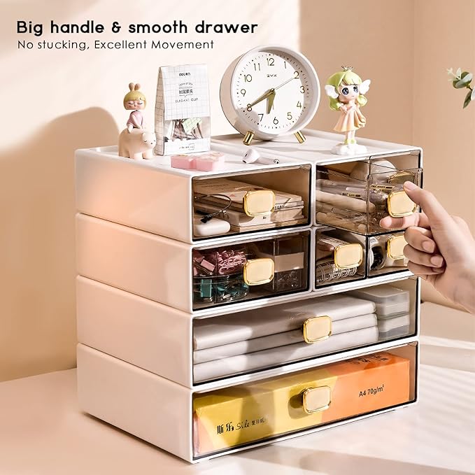 DETEIN 2 PACK Desk Organizer with Drawer Stackable Storage Drawer Small Desktop Drawer Plastic Clear Desk Organization Storage Box for Accessories, Markers, Clips, Cables (White,M-2 Drawer,Pack of 2)
