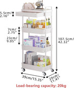 Calmootey 4-Tier Rolling Utility Cart with Drawer,Multifunctional Storage Organizer with Plastic Shelf & Metal Wheel,Storage Cart for Kitchen,Bathroom,Living Room,Office,White