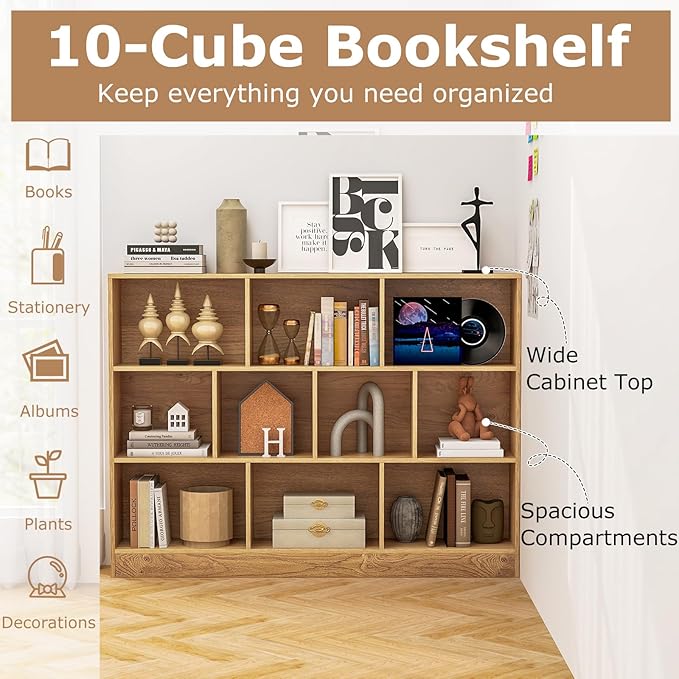 Tangkula 10-Cube Bookshelf, 55”L Floor Bookcase with 2 Anti-Tipping Kits, Freestanding Storage Organizer, 4-Tier Display Shelf for Home, Office & Dorms, Natural/White (Natural, 10-Cube-Large)