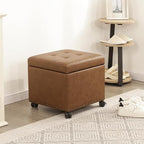 Adeco 16.7" H Vintage Golden Brown Leather Storage Ottoman with 360 Caster Wheels, Square Foot Stool with Decorative Bronze Thumb Tacks & 330 LB Load Capacity