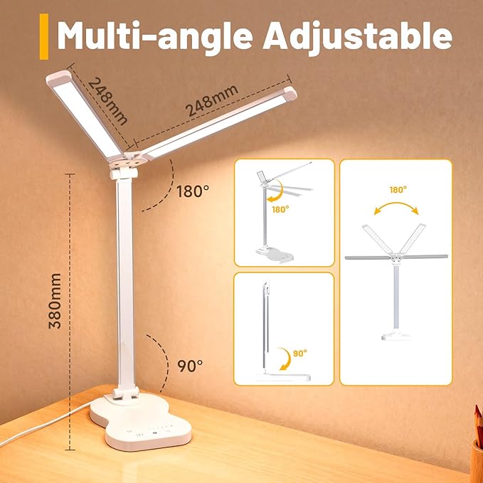 Ddlisu LED Desk Lamp with USB Charging Port, 5 Color Modes 10 Brightness, Dual Swing Arm Dimmable Desk Lamps for Home Office Nail Dorm (White)