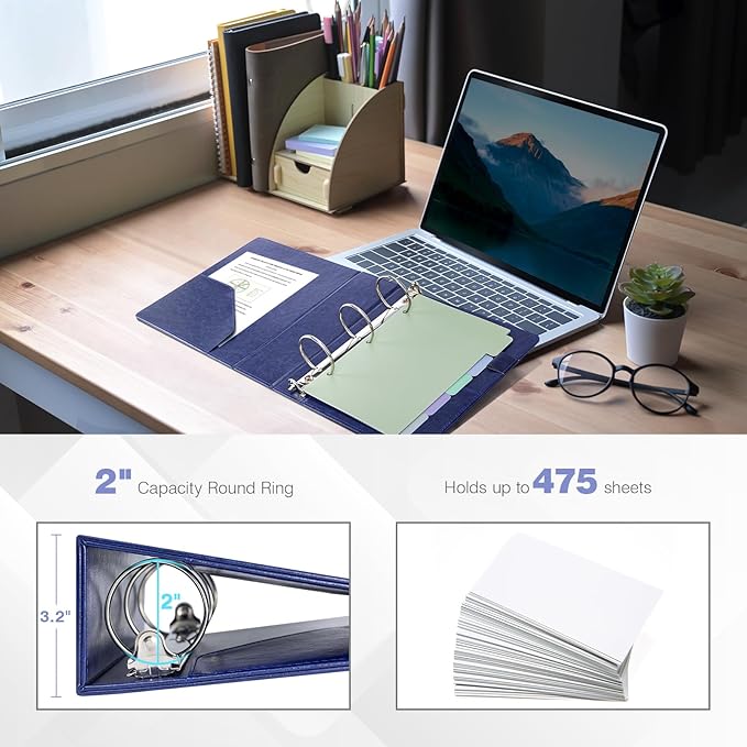 Ospelelf Leather Mini Binder Vintage Hardcover 2 Inch Rings, Professional Small 3 Ring Binders Organizer Suitable for 5.5" x 8.5" Documents, Binder Dividers with Tabs, Dark Blue