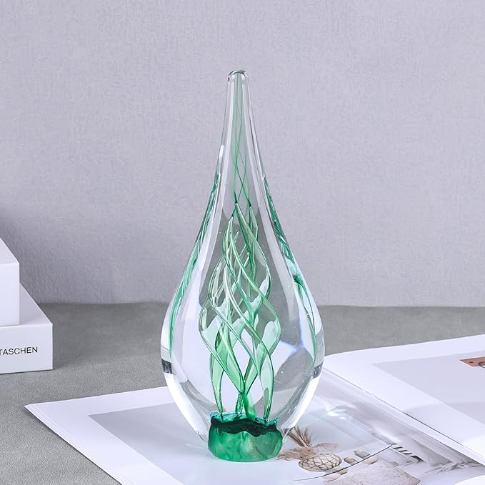 9" Tall Sculpture Hand Blown Glass Decor, Paperweight for Office Desk, Modern Glass Art Figurines Mediterranean Beach House Decor, Living Room Coffee Shelves Table Top Decoration (Swirl Green)