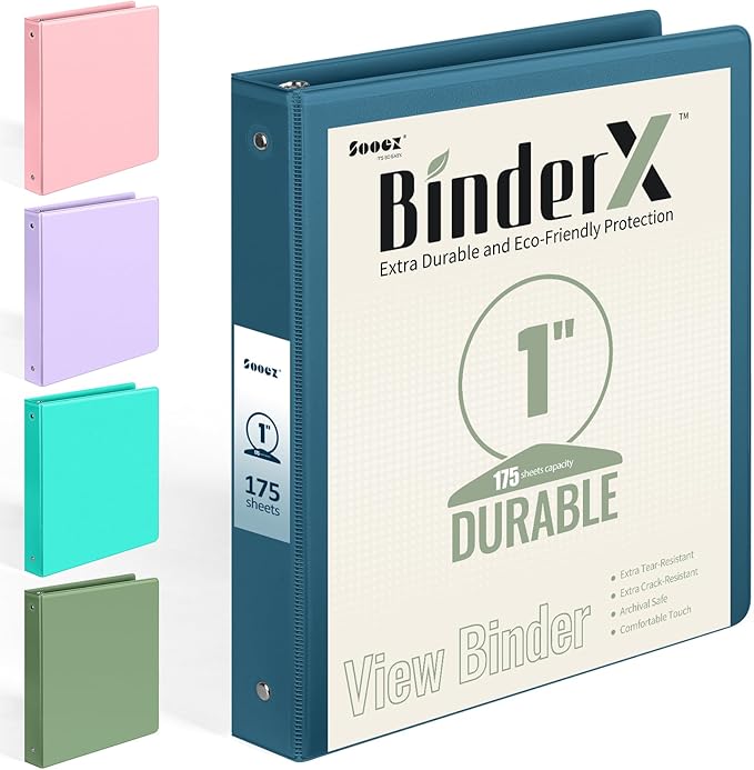 BinderX Extra Durable 3 Ring Binder, Round Rings 1 Inch Binder, Fits 175 Sheets of 8.5x11 Paper, Customizable View Cover with Inside Pockets, Cute 1" Binders, 1 Inch Binders 3 Ring, Navy Blue