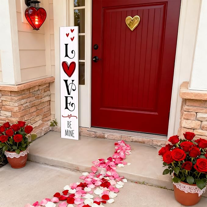 Valentine’s Day Porch Sign 47.2" Wooden “Love Be Mine” Hanging Signs, Romantic Heart Decor for Front Door, Porch, or Indoor Outdoor Valentine Party Decorations