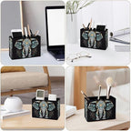 Famame Vintage Lotus Ethnic Elephant Pencil Holder for Desk, Leather Desktop Container Pen Cup Storage Study Table Pen Organizer Makeup Brush Holder for Classroom Office Home