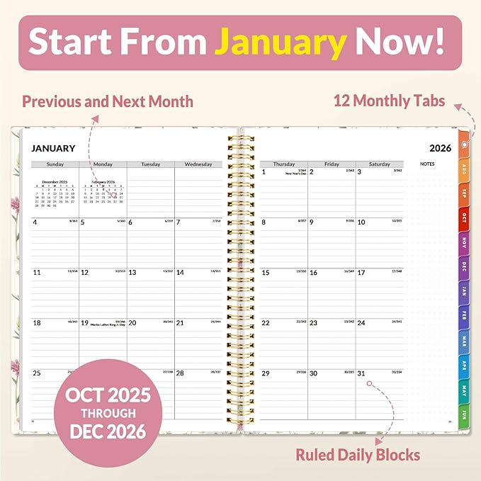 SUNEE 2026 Weekly and Monthly Planner - from January 2026 - December 2026, Daily Agenda Planner with Monthly Tab, Flexible Cover, Note Pages, Pockets, Bookmark, Spiral Binding, Wildflowers, 8.5"x11"