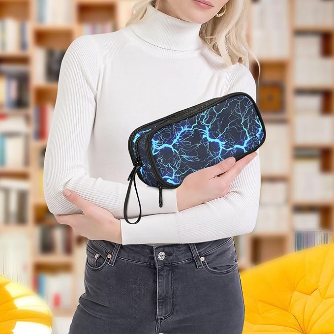 BOENLE Dark Blue Electric Lightning Pencil Case Box Boys Girls Large Pencil Pouch with Zipper Compartments Big Capacity Stationery Pen Bag Organizer for Kids Teens Adults School