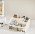 Desk Organizer with 6 Compartments and 2 Drawers, Plastic Makeup Organizer, Pen Holder for Desktop Storage, Desk Organization for School, Home, Office Supplies (Ivory)