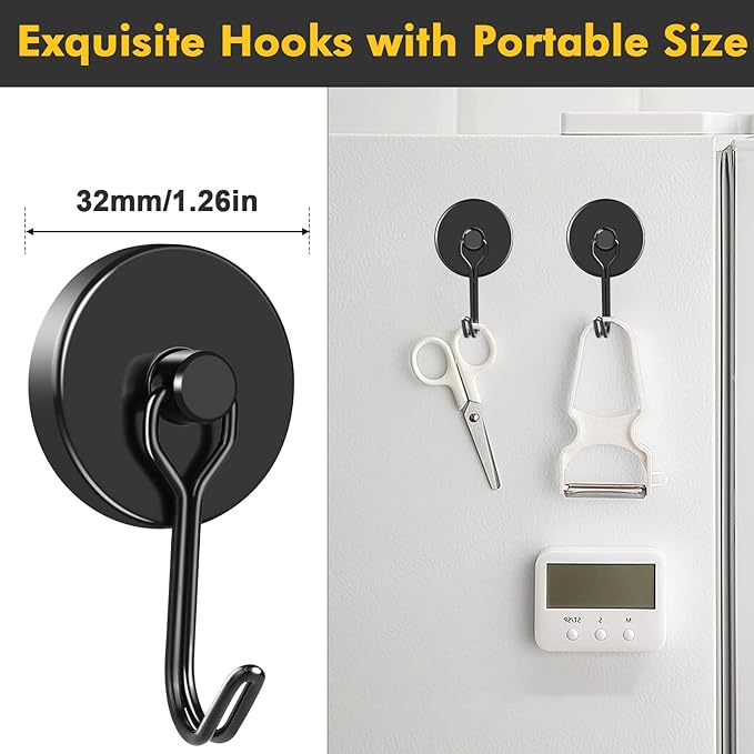 MIKEDE Strong Magnetic Hooks, 120LB Swivel Magnetic Hooks Cruise, Black Neodymium Magnet Hooks Heavy Duty for Hanging, Grill, Cruise Cabins, Refrigerator, Grill, Kitchen, Locker - Pack of 12
