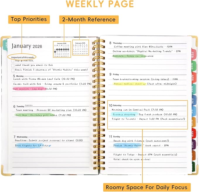 2026 Planner, A5 (6.3"x 8.5") Planner 2026 Jan-Dec, Monthly/Weekly/Daily Tabs with Contacts & Holidays, Hard Cover, Organizer for School and Business Supplies (Leaf)