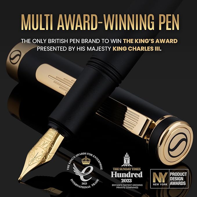 Scriveiner Luxury EDC Fountain Pen (Fine), Stunning Black Pocket Pen with Real Gold Finish, Schmidt Gilded Nib, Ink Converter, Best Writing Gift Set for Men & Women, Nice Fancy Office Designer Gift