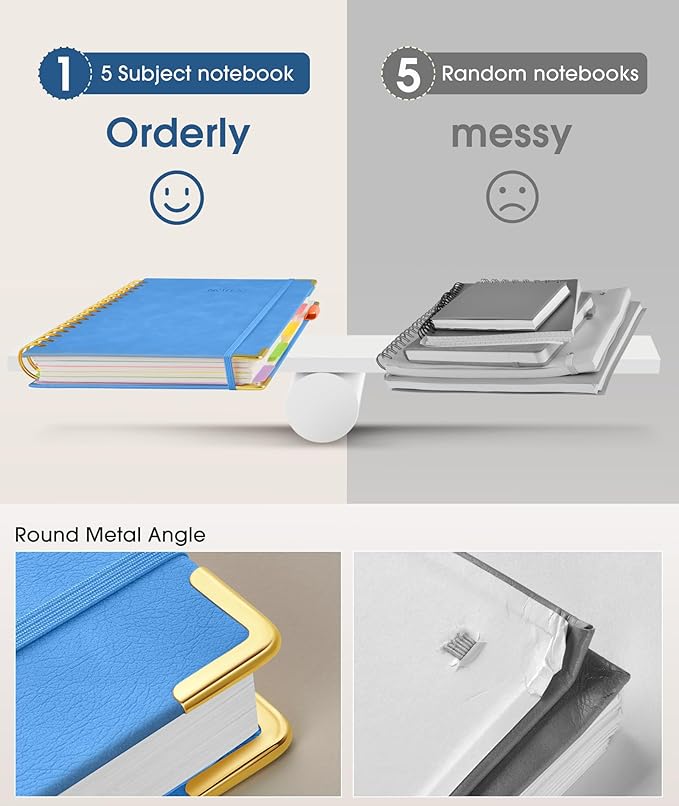 Hardcover Spiral Notebook journal with Removable Dividers Tabs, 300 Pages Leather 5 Subject Notebook College Ruled, 100GMS Notebooks for Work School Note taking,Lined Journal for Women,A5 Light Blue